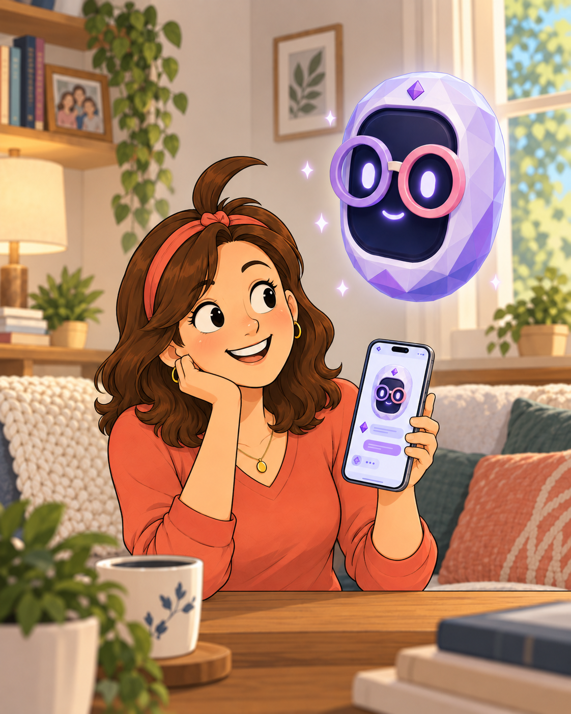 Chappity floating beside Nellabeth while also appearing on her phone screen