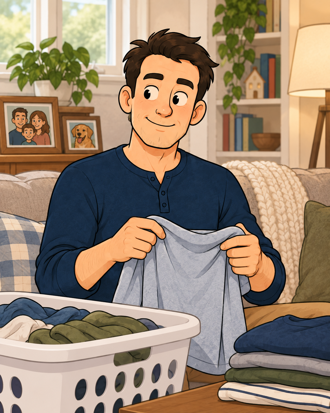 Colin at home folding laundry in the living room