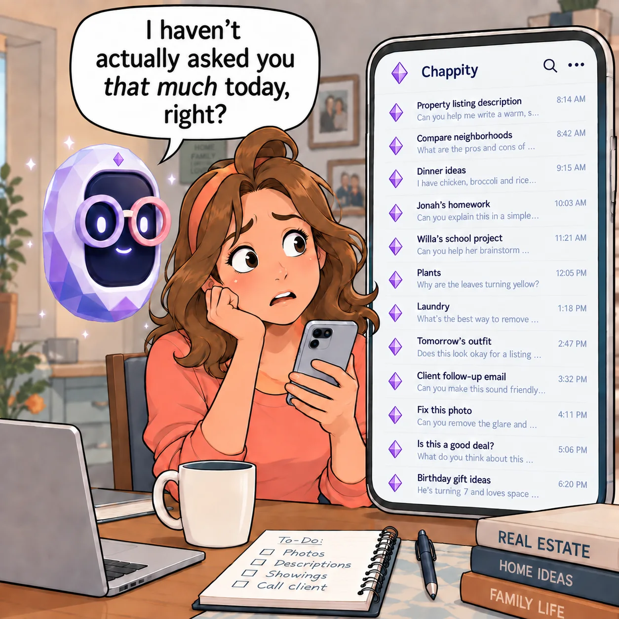 Nellabeth looking at her phone beside Chappity and a long list of things she asked the AI about that day