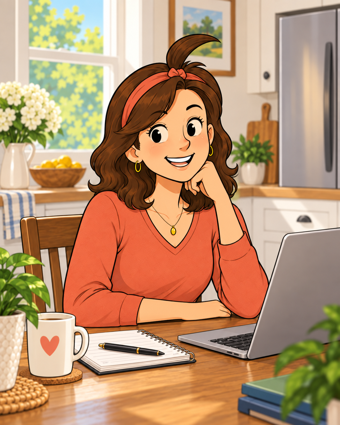 Nellabeth smiling and working at the kitchen table
