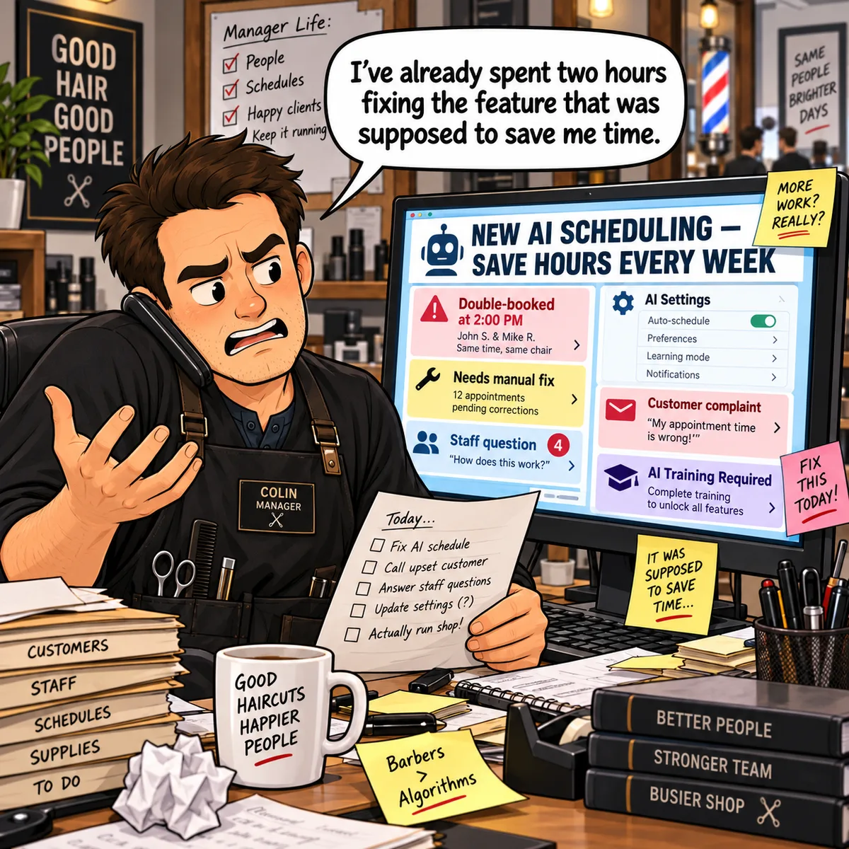 Comic preview showing Colin stressed by AI scheduling software at the barbershop