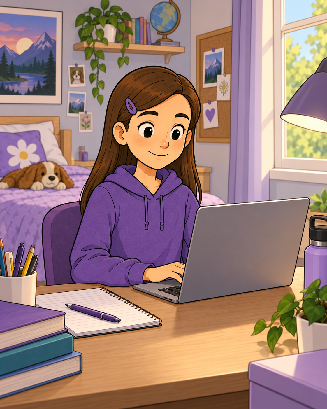 Willa studying at her desk with a computer in her bedroom
